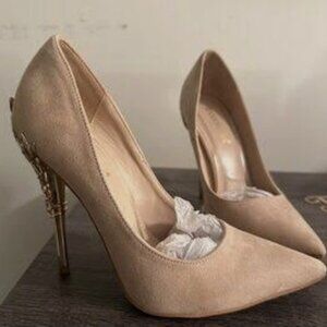 ShoeDazzle Beige Pointed Toe Stiletto Pumps Metallic Heel Faux Suede Slip On